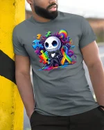 Autism Awareness T-Shirt - Colorful Puzzle Ribbon Art - model wearing grey tee, leaning on column