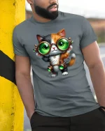 Steampunk Cat T-Shirt - Cute Green Goggles Kitty Tee - model wearing grey tee, leaning on column