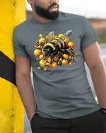 Honey Bee T-Shirt - Vibrant Hive Worker Bee Art Tee - model wearing grey tee, leaning on column