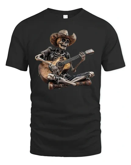 Skeleton Cowboy Guitar T-Shirt - Western Music Vibe - black t-shirt on white background