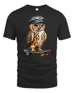 Skater Owl T-Shirt - Funny Cool Bird Street Style - black t-shirt on white background