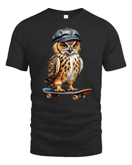 Skater Owl T-Shirt - Funny Cool Bird Street Style - black t-shirt on white background