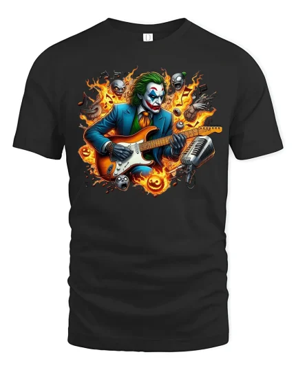 Joker Guitar T-Shirt - Crazy Rock Music Flame Art - black t-shirt on white background