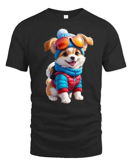 Winter Puppy T-Shirt - Cute Dog in Snow Outfit Tee - black t-shirt on white background
