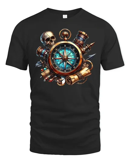 Pirate Compass T-Shirt - Adventure Skull Map Design - black t-shirt on white background
