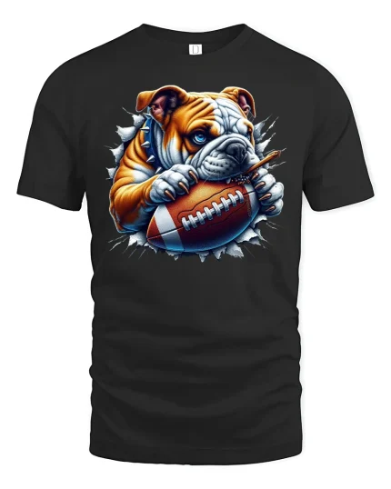 Bulldog Football T-Shirt - Funny Sports Dog Design - black t-shirt on white background