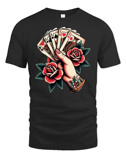 Poker Hand Roses T-Shirt - Lucky Cards Tattoo Style - black t-shirt on white background
