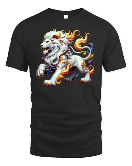 Flaming Lion Spirit T-Shirt - Fierce Fantasy Power - black t-shirt on white background
