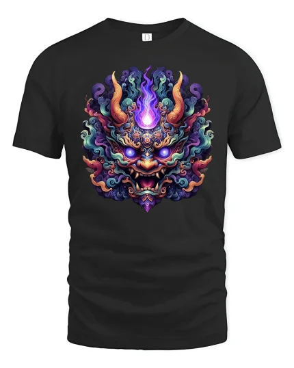 Demon Flame Mask T-Shirt - Mystic Oni Spirit Art - black t-shirt on white background