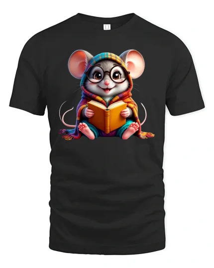 Reading Mouse T-Shirt - Cute Book Lover Tee - black t-shirt on white background