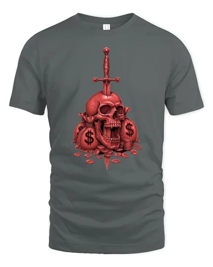 Skull Money Power Sword T-Shirt - Dark Rich Vibes - gray t-shirt on white background