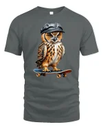 Skater Owl T-Shirt - Funny Cool Bird Street Style - gray t-shirt on white background