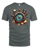Pirate Compass T-Shirt - Adventure Skull Map Design - gray t-shirt on white background
