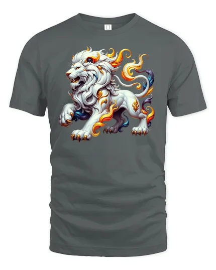 Flaming Lion Spirit T-Shirt - Fierce Fantasy Power - gray t-shirt on white background
