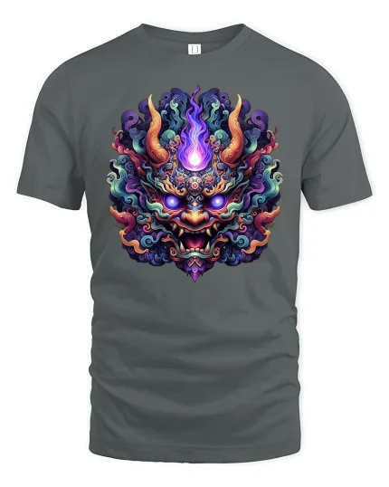 Demon Flame Mask T-Shirt - Mystic Oni Spirit Art - gray t-shirt on white background