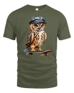 Skater Owl T-Shirt - Funny Cool Bird Street Style - military green t-shirt on white background