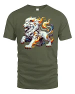 Flaming Lion Spirit T-Shirt - Fierce Fantasy Power - military green t-shirt on white background