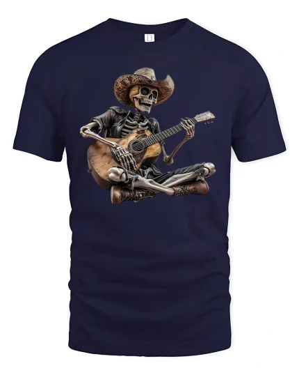 Skeleton Cowboy Guitar T-Shirt - Western Music Vibe - navy t-shirt on white background