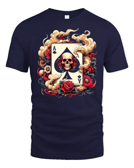 Ace of Spades Skull T-Shirt - Gothic Card Art Style - navy t-shirt on white background