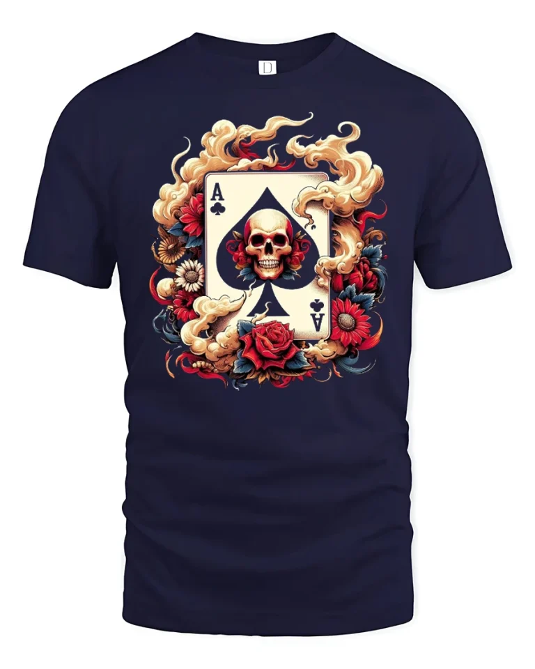 Ace of Spades Skull T-Shirt - Gothic Card Art Style - navy t-shirt on white background