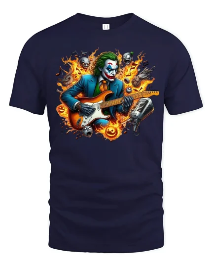 Joker Guitar T-Shirt - Crazy Rock Music Flame Art - navy t-shirt on white background