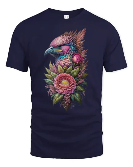 Colorful Eagle Flower T-Shirt - Bold Nature Art Style - navy t-shirt on white background
