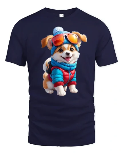 Winter Puppy T-Shirt - Cute Dog in Snow Outfit Tee - navy t-shirt on white background