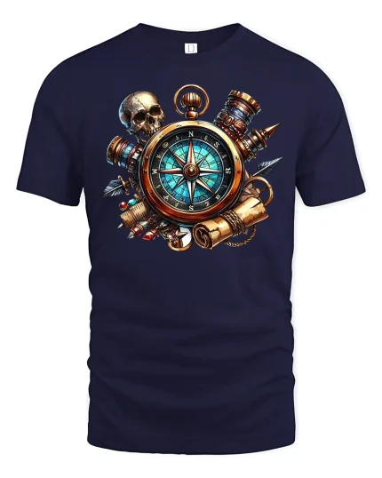 Pirate Compass T-Shirt - Adventure Skull Map Design - navy t-shirt on white background