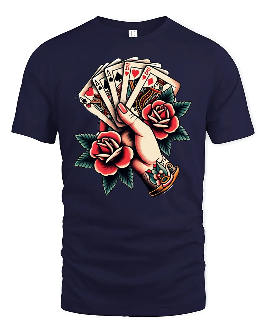 Poker Hand Roses T-Shirt - Lucky Cards Tattoo Style - 1 Poker Hand Roses T-Shirt - Lucky Cards Tattoo Style - navy t-shirt on white background