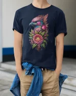 Colorful Eagle Flower T-Shirt - Bold Nature Art Style - model wearing navy tee with hands in pockets