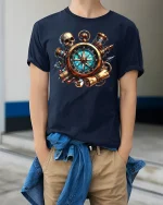 Pirate Compass T-Shirt - Adventure Skull Map Design - model wearing navy tee with hands in pockets