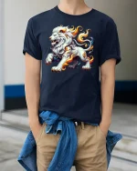 Flaming Lion Spirit T-Shirt - Fierce Fantasy Power - model wearing navy tee with hands in pockets
