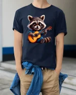 Guitar Raccoon T-Shirt - Cute Music Lover Tee - model wearing navy tee with hands in pockets