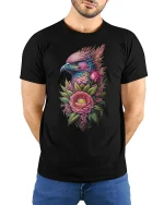 Colorful Eagle Flower T-Shirt - Bold Nature Art Style - model wearing black tee with hands behind back