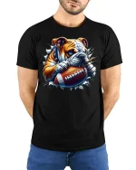 Bulldog Football T-Shirt - Funny Sports Dog Design - model wearing black tee with hands behind back