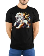 Flaming Lion Spirit T-Shirt - Fierce Fantasy Power - model wearing black tee with hands behind back
