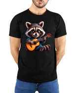 Guitar Raccoon T-Shirt - Cute Music Lover Tee - model wearing black tee with hands behind back