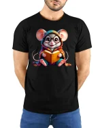 Reading Mouse T-Shirt - Cute Book Lover Tee - model wearing black tee with hands behind back