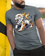 Flaming Lion Spirit T-Shirt - Fierce Fantasy Power - model wearing grey tee, leaning on column