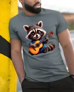 Guitar Raccoon T-Shirt - Cute Music Lover Tee - model wearing grey tee, leaning on column