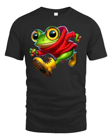 Cool Frog T-Shirt - Funny Cartoon Frog in Hoodie Tee - black t-shirt on white background