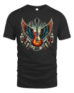 Rock Guitar T-Shirt - Winged Electric Musician Tee - black t-shirt on white background