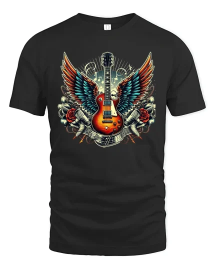 Rock Guitar T-Shirt - Winged Electric Musician Tee - black t-shirt on white background