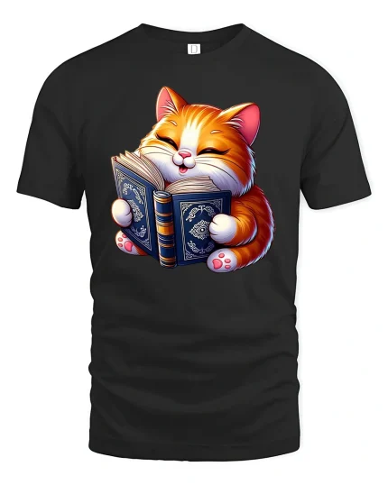 Reading Cat T-Shirt - Cute Book Lover Feline Tee - black t-shirt on white background