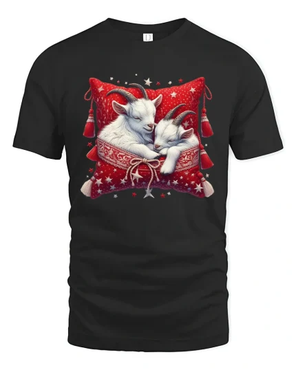 Cozy Goats T-Shirt - Cute Sleeping Farm Animal Tee - black t-shirt on white background