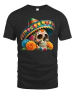 Sugar Skull Sombrero T-Shirt - Colorful Fiesta Art - black t-shirt on white background