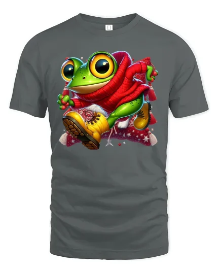 Cool Frog T-Shirt - Funny Cartoon Frog in Hoodie Tee - gray t-shirt on white background