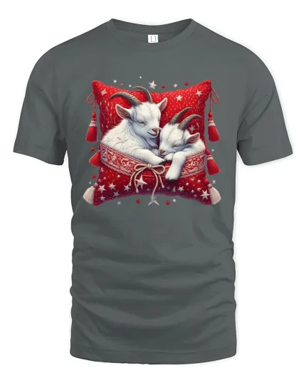 Cozy Goats T-Shirt - Cute Sleeping Farm Animal Tee - gray t-shirt on white background