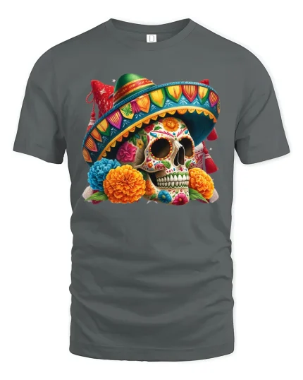 Sugar Skull Sombrero T-Shirt - Colorful Fiesta Art - gray t-shirt on white background