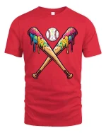 Melting Baseball Bats T-Shirt - Funny Color Splash Art - red t-shirt on white background